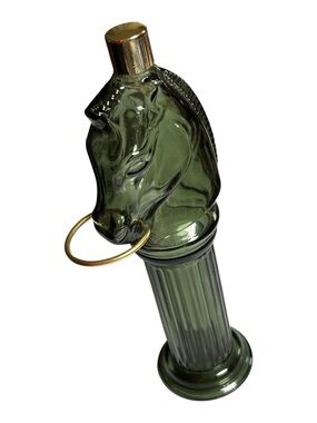 🔑 Avon Green Pony Post glass Decanter with Gold Ring Stopper Empty